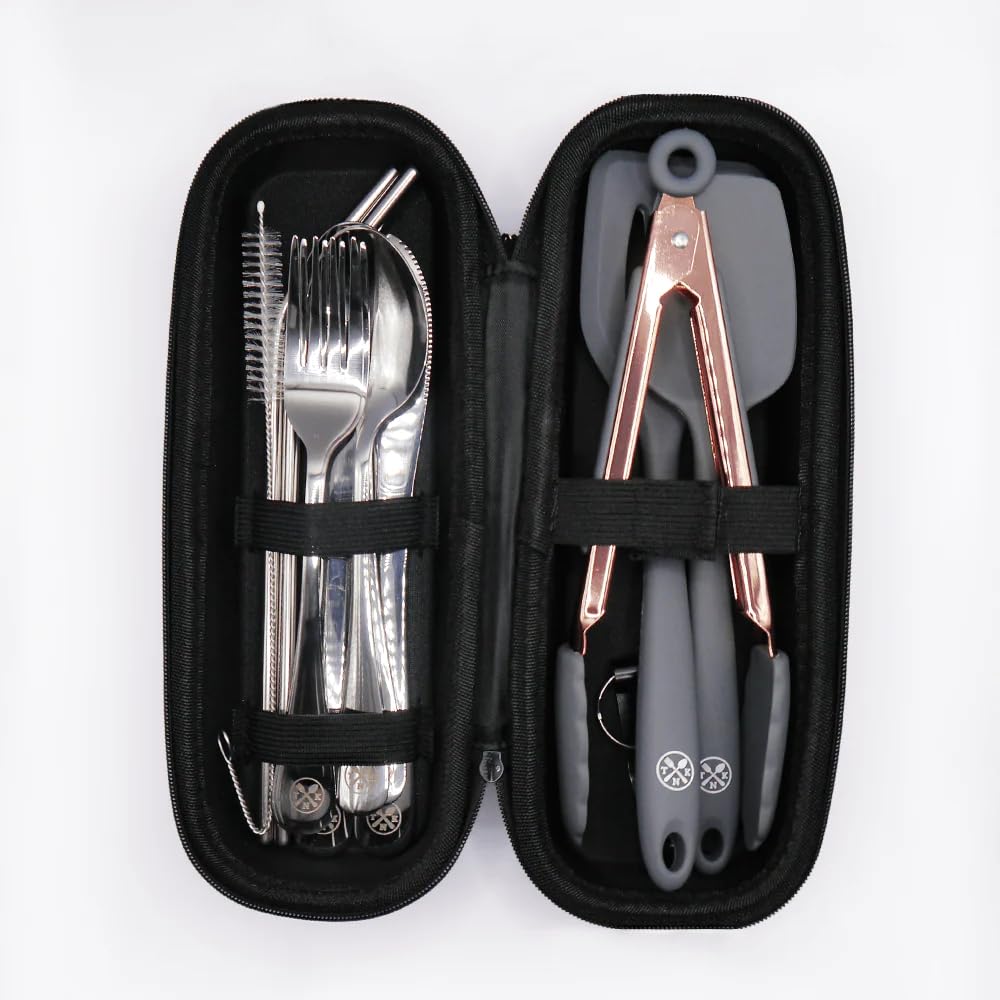 Nomads Kitchen Portable Cooking & Cutlery Kit | Cooking Accessories & Travel Cutlery Set Idea & Stocking Filler | Cutlery, Spatula, Spoonula, Tongs, Straws, Bottle Opener & Case