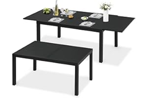 PIZZELLO Outdoor Expandable Dining Table 59"-89" Aluminum Patio Dinner Table for 6-8 Person, Rectangular Metal Collapsible Tables with Umbrella Hole, Patio Tables with Extendable Top for Garden,Backyard
