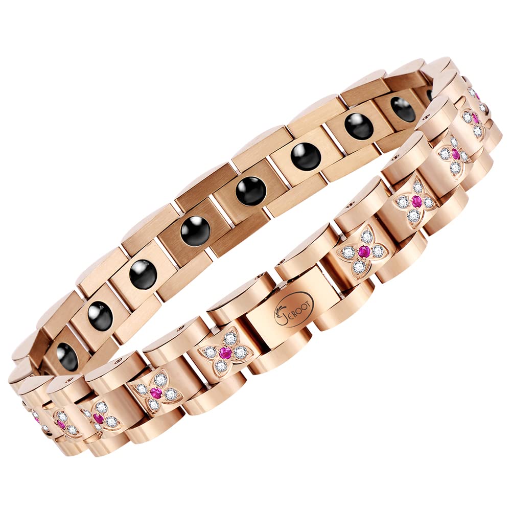 JEROOT Titanium Steel Magnetic Hematite Bracelet for Women, Rose Gold Pink Zirconia Wrist Strap, 21cm