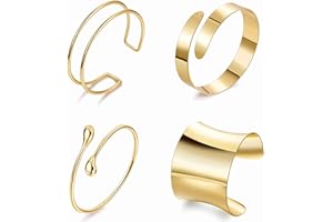 Masedy 4PCS Gold Arm Cuff Bracelets for Women Chunky Open Wrap Cuff Bracelet Set Adjustable Upper Arm Bracelet Bangle Statement Bracelet Minimalist Irregular Armband Coil Swirl Arm Jewelry