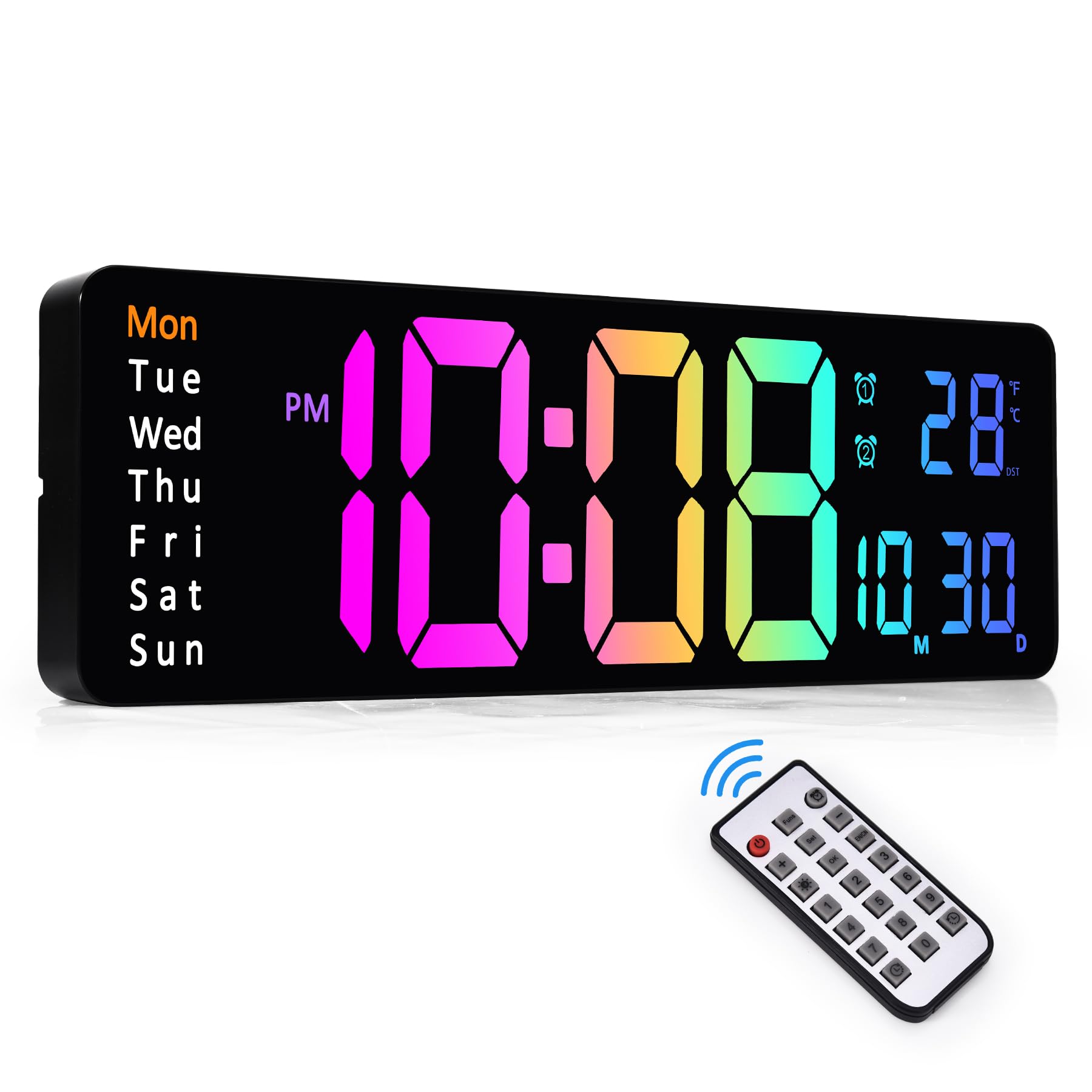 Sukeen Digital Wall Clock, 13" Digital Clock Digital Alarm Clock with Remote Control/Count Up & Down/10-Level Dimming/Dual Alarm/Date/Temperature for Home, Gym, Office, Garage-Colorful