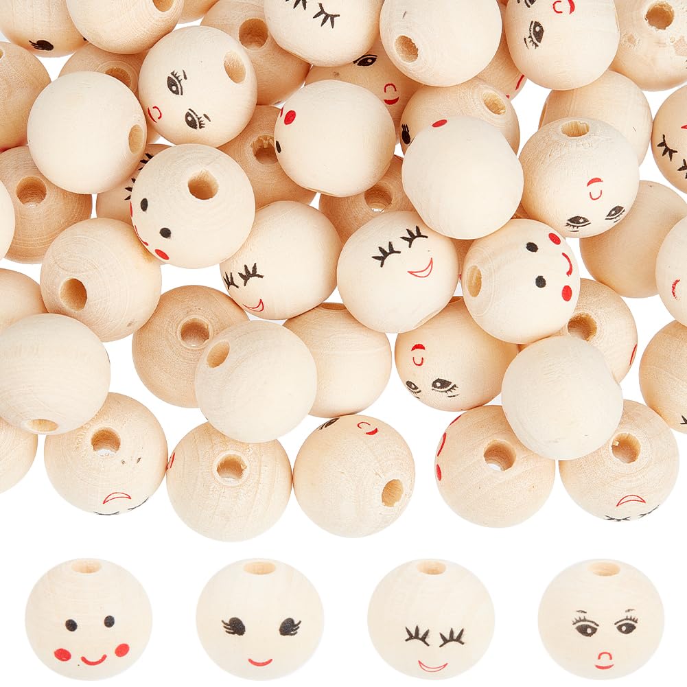 GORGECRAFT 100Pcs 4 Styles Smile Wooden Beads 20mm Natural Wood Beads Round Ball Doll Head with 4.7mm Hole Laughing Face Printed Loose for DIY Craft Jewelry Making Christmas Decorations