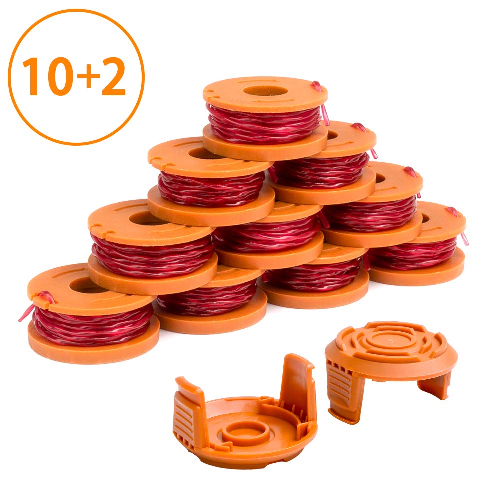 X Home Edger Spool Cap Compatible with Worx WA0010 WG180 WG163 Weed Wacker Spool with WA6531 GT Spool Cover 50006531 String Trimmer Refills 10ft 0.065” 12 Pack (10 Replacement Spools, 2 Trimmer Cap)