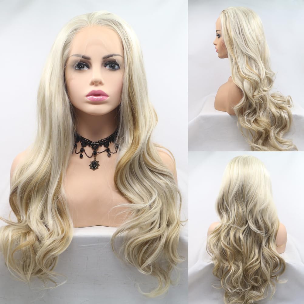 AFBeauty Highlight Blonde Wig for Women Long Wave Omber Blonde Synthetic Lace Front Wig Piano Color Glueless Heat Resistant Fiber Hair Replacement Wigs Cosplay Daily Wear 24inch