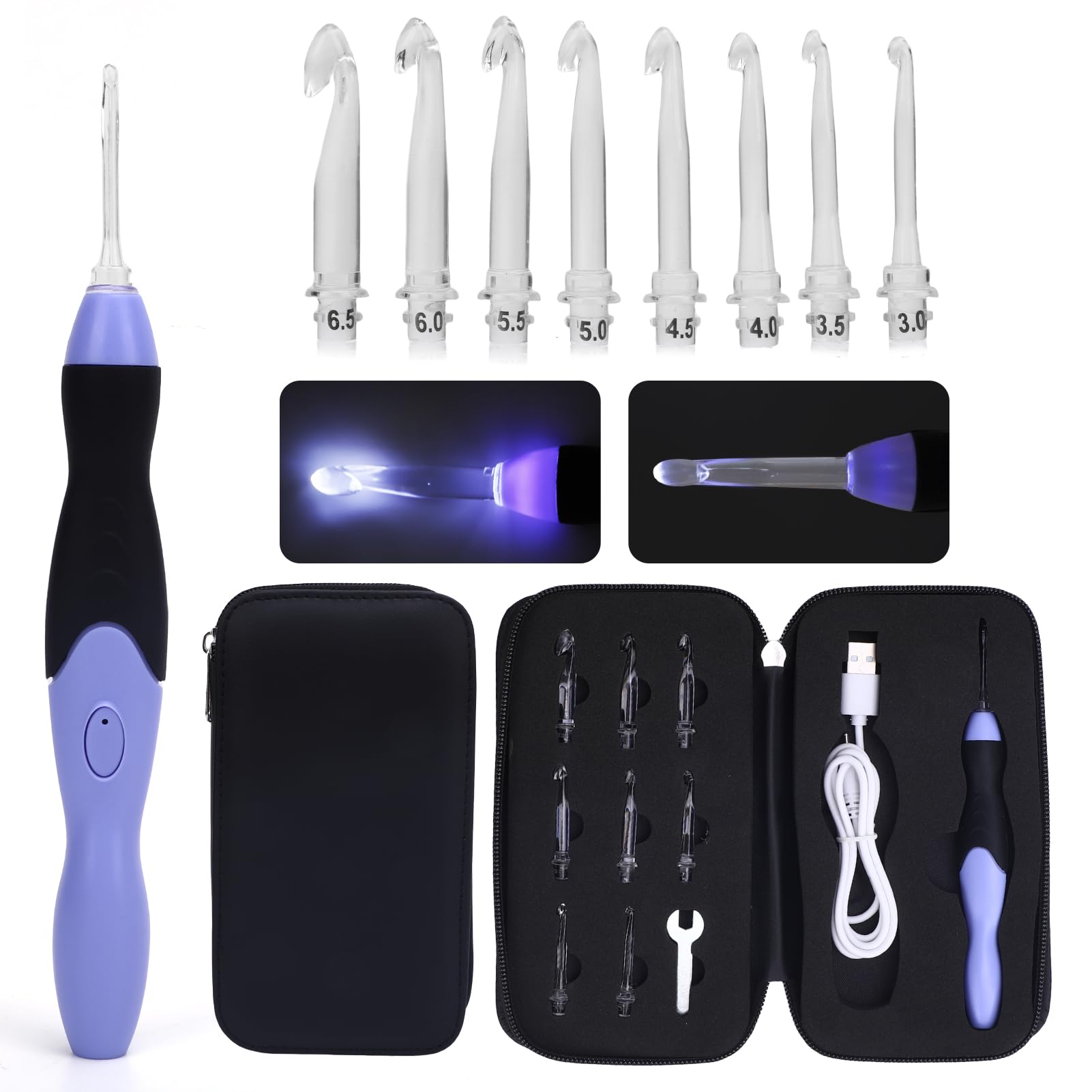 Semme 9 in 1 Light Up Crochet Hooks Set, 2.5 mm to 6.5 mm, Ergonomic Crochet Hooks, USB Rechargeable Lighted Crochet Set, with Case, Special Crochet Gifts for Crocheters