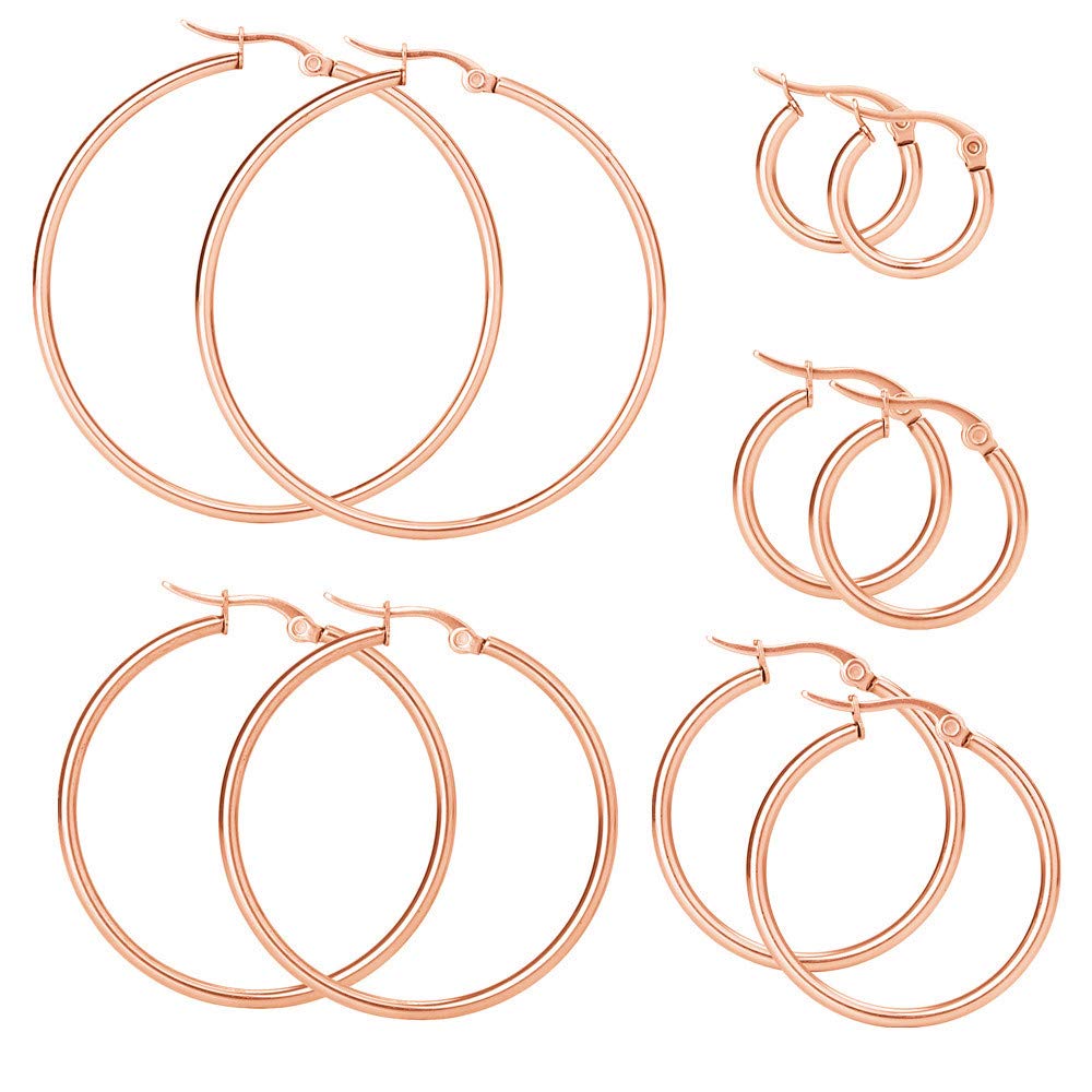 Elicola 5 Pairs Stainless Steel Hypoallergenic Large Hoop Earring Sets for Women Girl Rose Gold
