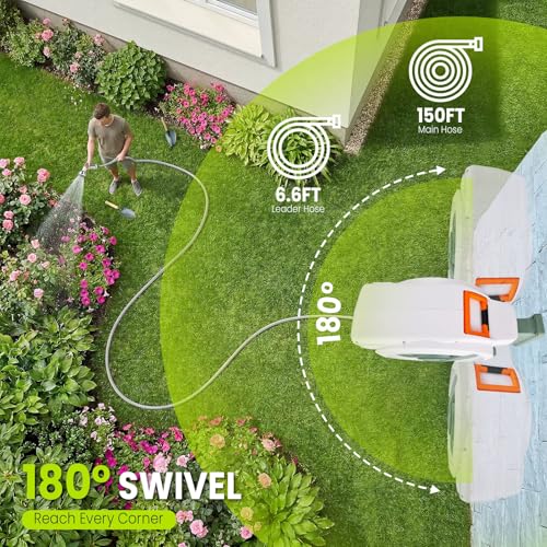 Bietor Retractable Garden Hose Reel, 1/2“ x 45m+2m Upgraded UV Resistant Heavy Duty Wall Mounted Hose Reel with 10 Patterns Nozzle, Any Length Lock, Slow Return System, 180°Swivel Bracket