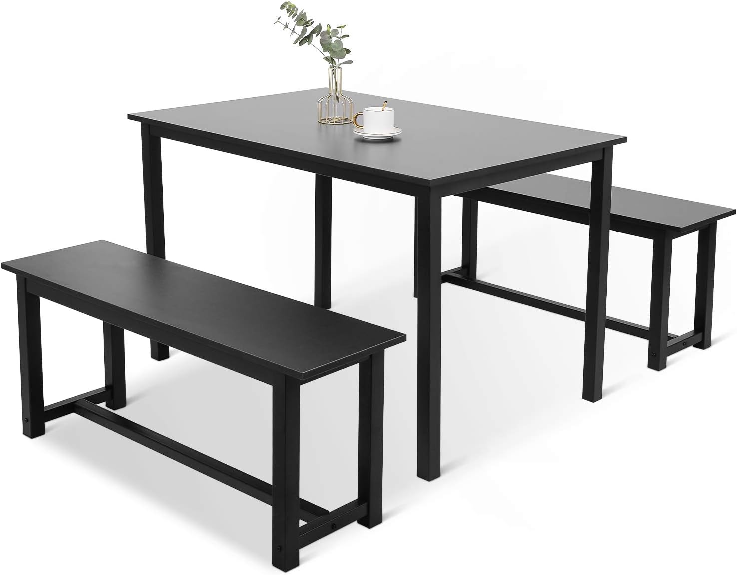 BAHOM 3 Pieces Kitchen Dining Table with Bench Set for 2 Solid Wooden Tabletop and Steel Support Structure for Home, Kitchen, Dining Room (Black, 3pc) - Table & Chair Sets