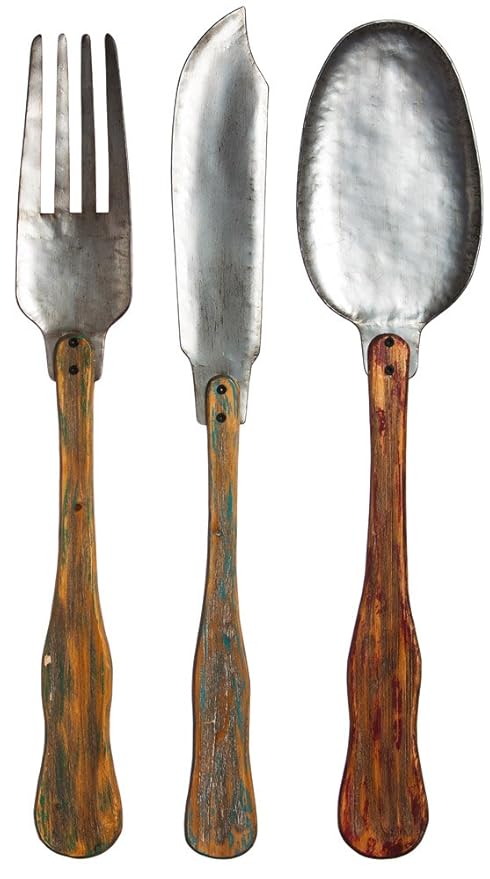 Vintage Metal And Wood Knife Fork And Spoon Wall Decor Set Of 3