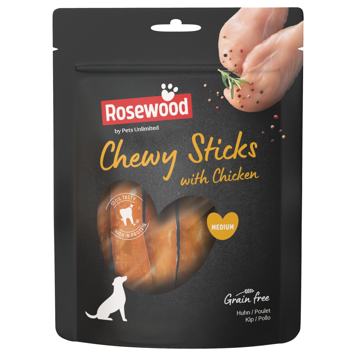 Rosewood Medium Chewy Sticks for Dogs - Made with Chicken, Grain Free Chews, High Protein Dog Treats, By Pets Unlimited (4pc, 100g)