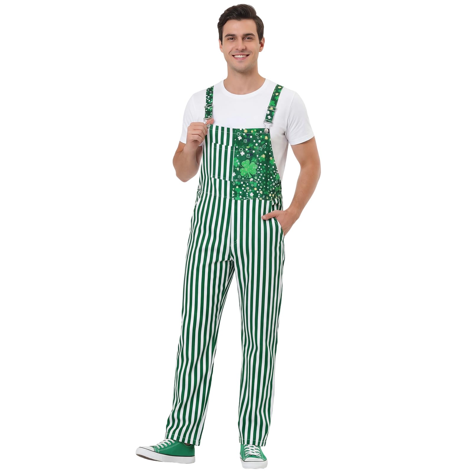 Crittygo St. Patrick's Day Costume Men Women, Adjustable Straps Jumpsuit with Pockets, St Patrick's Day Shamrock Dungarees for Irish Days Festival Outfits
