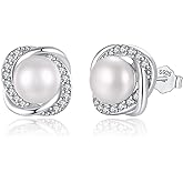 Pearl Earrings for Women Freshwater Cultured Pearl Stud Earrings 925 Sterling Silver Cubic Zirconia Stud Earrings for Mother Her