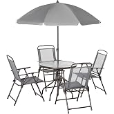 Qinazoe 6-Piece Patio Dining Set for 4 with Umbrella, Outdoor Table and Chairs Set with 4 Folding Chairs, Round 31.5" Tempere