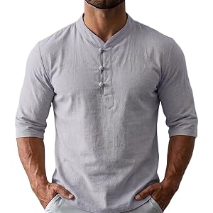 Mens Tang Suit Hanfu Chinese Linen Shirt Traditional Clothes 3/4 Sleeve Kung Fu Top Martial Art Uniform Coutsome