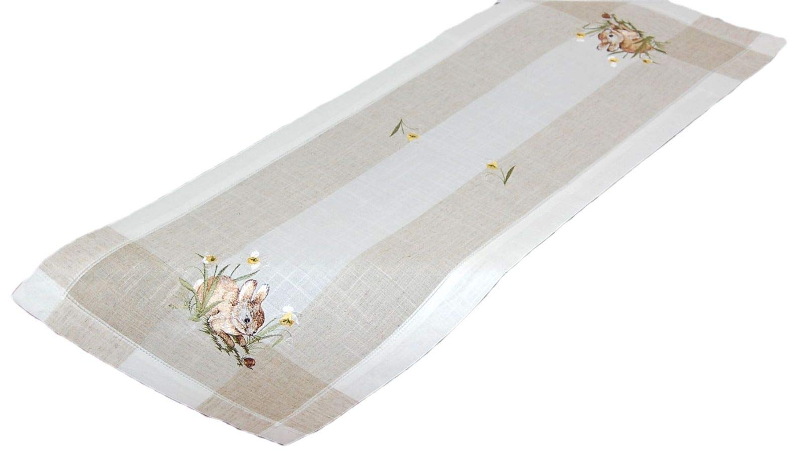 Table Runner Ecru / Beige / Colourful Embroidery "Rabbit" Linen Look (40/140)