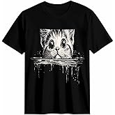 Women's T Shirt Cat Peeping Graphic Tees Animal Short Sleeve Tops Black Women Crew Neck Ribbed Fitted Shirt