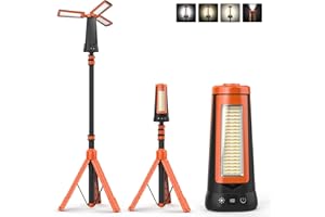 Dimgogo Rechargeable Camping Light with Stand 7ft Max Height, 15000mAh Portable Cordless LED Work Light, 5500 Lumen 6500/4500/3500K Dimmable Emergency Flashlight with Detachable Tripod, Orange