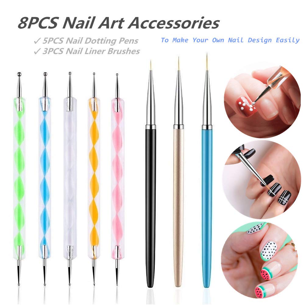 FULINJOY 5PCS Dotting Pens with 3 PCS Nail Painting Brushes, Nail Art Design Tools - Image 6