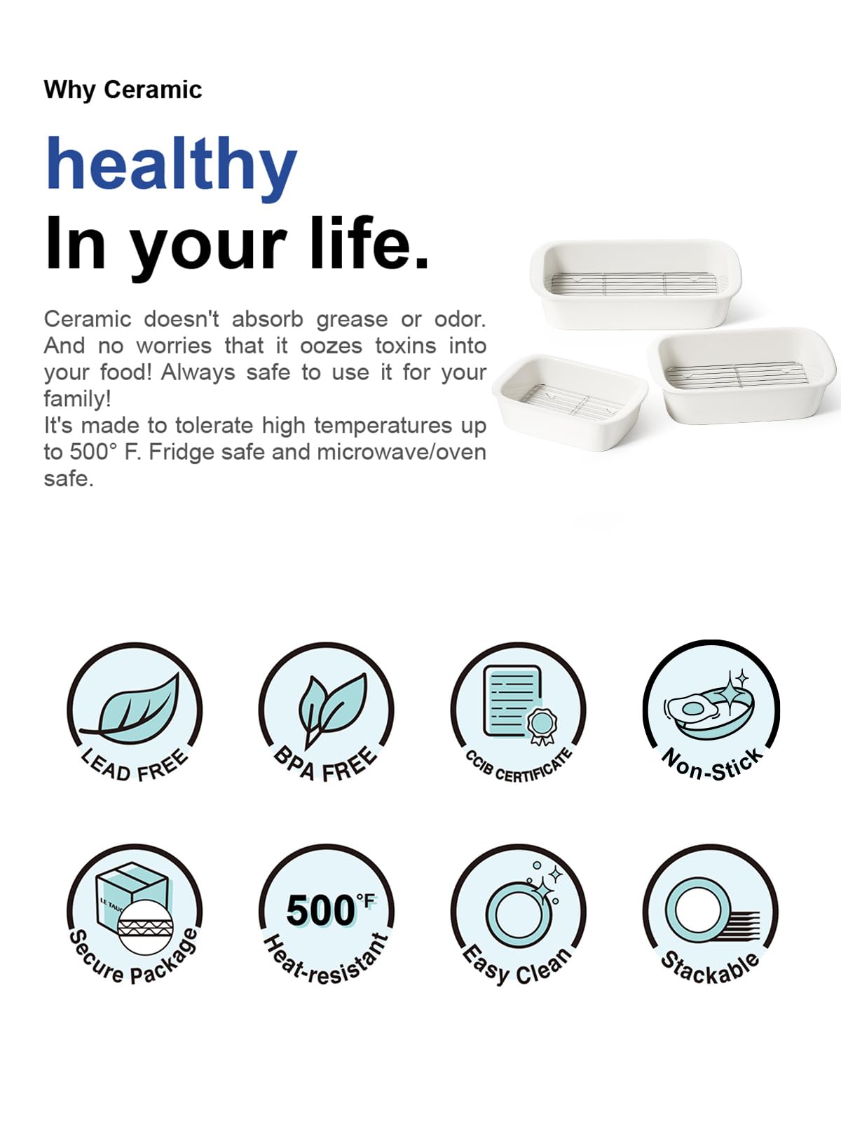 LE TAUCI Deep Casserole Dishes for Oven, 13.7”x9.6” Ceramic Baking Dish Set with Roasting Racks, Large Lasagna Pans with Handles, Rectangular Bakeware as Gift for Mom, White (4.6QT/3.0QT/1.6QT), Set of 3