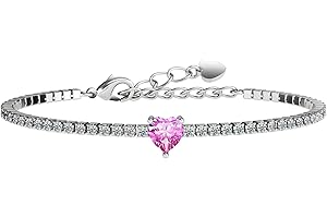 AllenCOCO Sterling Silver Heart Birthstone Bracelet, 14K White Gold Plated, AAAAA+ CZ Cubic Zirconia, Tennis Chain with Heart Charm, Hypoallergenic, Non-Tarnish Jewelry Gift for Women