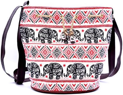 TRNS Thailand Elephant Print Drawstring Shoulder Handbag (Red-Black)
