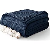 Kozyhvn 100% Cotton Muslin Blanket King 108" x 90", 6 Layers Breathable and Lightweight Cotton Throw Blanket for Bed, Soft Quilt Bedspread Coverlet, Gauze Blanket for Adults All Season, Navy