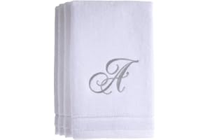 CREATIVE SCENTS Monogrammed Towels Fingertip, Personalized Gift, 11 x 18 Inches - Set of 4- Silver Embroidered Towel - Extra Absorbent 100% Cotton- Soft Velour Finish - For Bathroom/ Kitchen/ Spa- Initial A (White)
