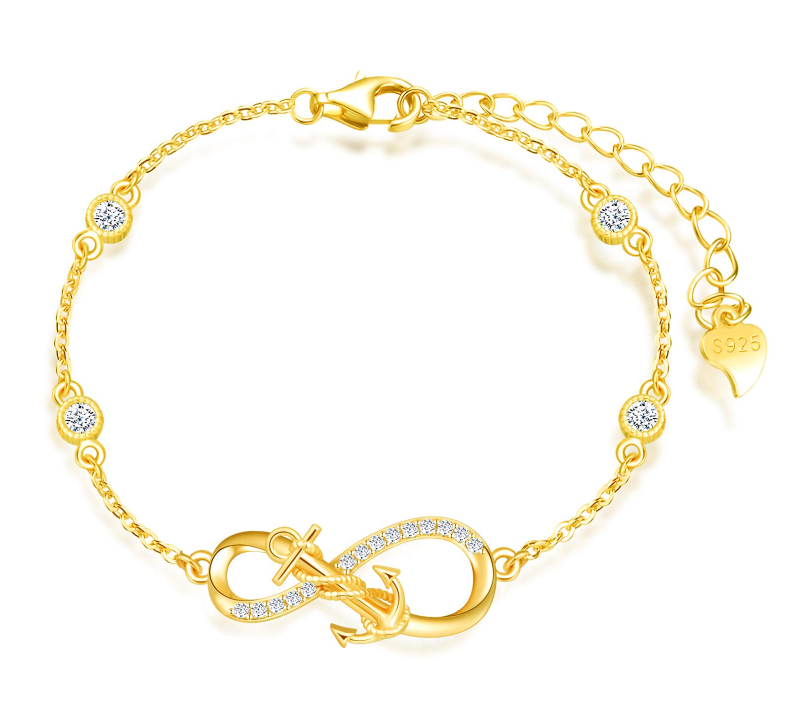 MicLee Woman's girl's Bracelet, 925 Sterling Silver bracelet, Anchor and infinity symbol bracelet, Inlaid with zircon, adjustable chain, Unique design bracelet, gold
