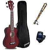 JMFinger Concert Ukulele Beginner 23 Inch, Sapele Plywood Kids Ukelele Kit with Gig Bag, Strap, Digital Tuner, Wine Red