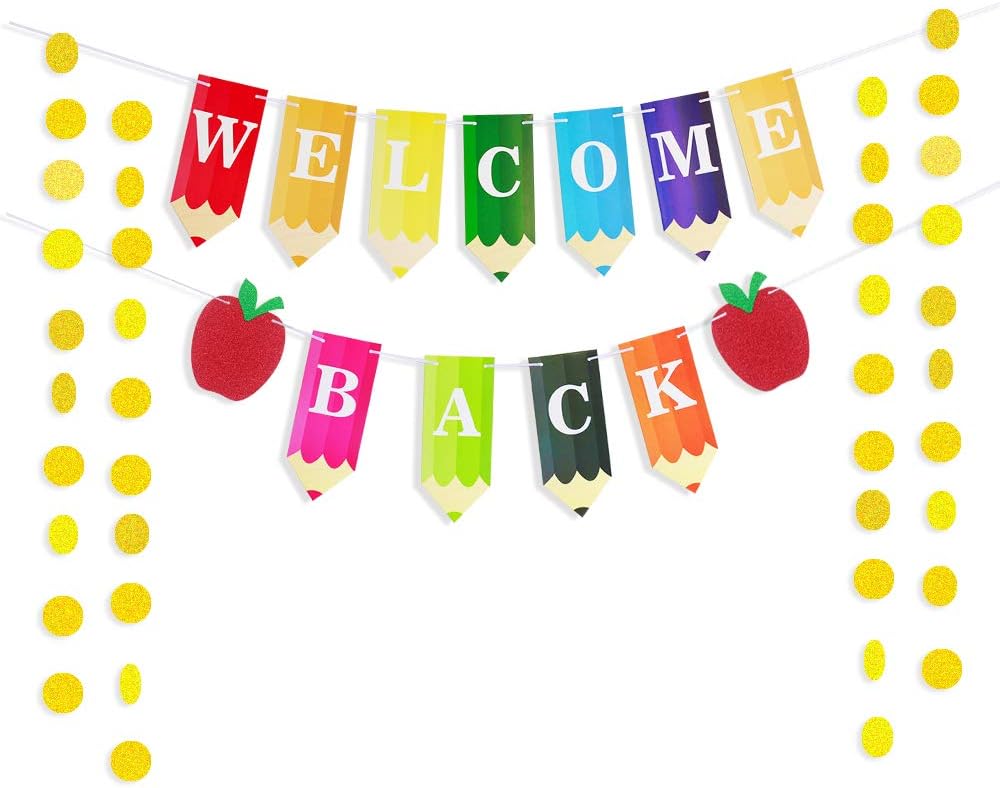 Welcome Back to School Sign Teacher Banner Colorful Pencil Letters with 50pcs Circle Dots Garland for New Grade of Class Pennant Classroom Decorations Party Supplies First Day of School Deco