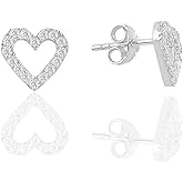 925 Sterling Silver Open Heart Stud Earrings | Rhodium Plated Zirconia Heart Earrings for Women | Minimalist Everyday Jewelry Gift