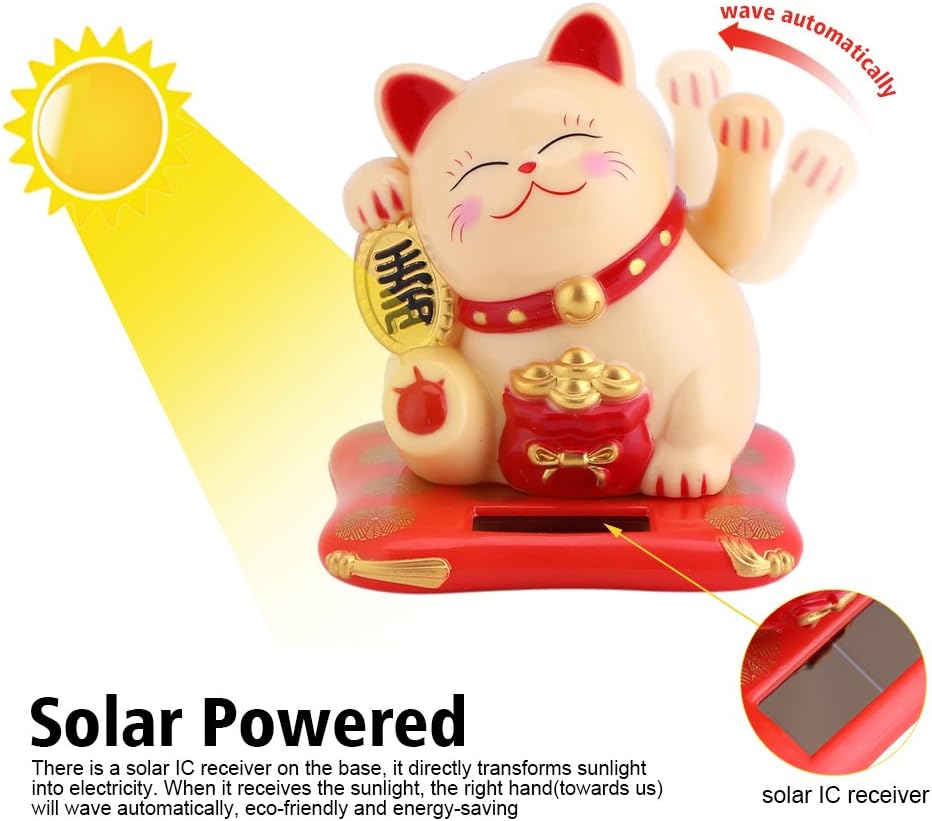 Zerodis Fortune Lucky Wealth Welcoming Cat Solar Powered Cute Cat with Waving Arm Home Display Car Decor(Yellow) - Image 3