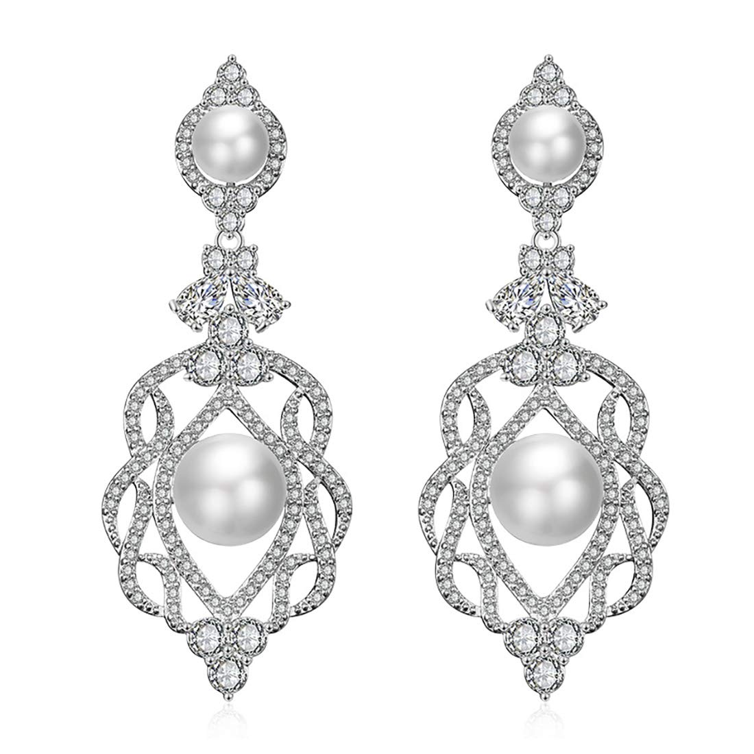 QUKE Women CZ Crystal Simulated Pearl Long Drop Dangle Pierced Earrings Elegant Wedding Bridal Jewellery Earrings