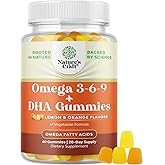 Omega 3 Gummies for Adults - Vegetarian Omega 3 6 9 DHA Gummies for Brain Bone and Heart Health and Joint Support - Burpless Fish Free Plant Based Supplement Men Women - 60 Count