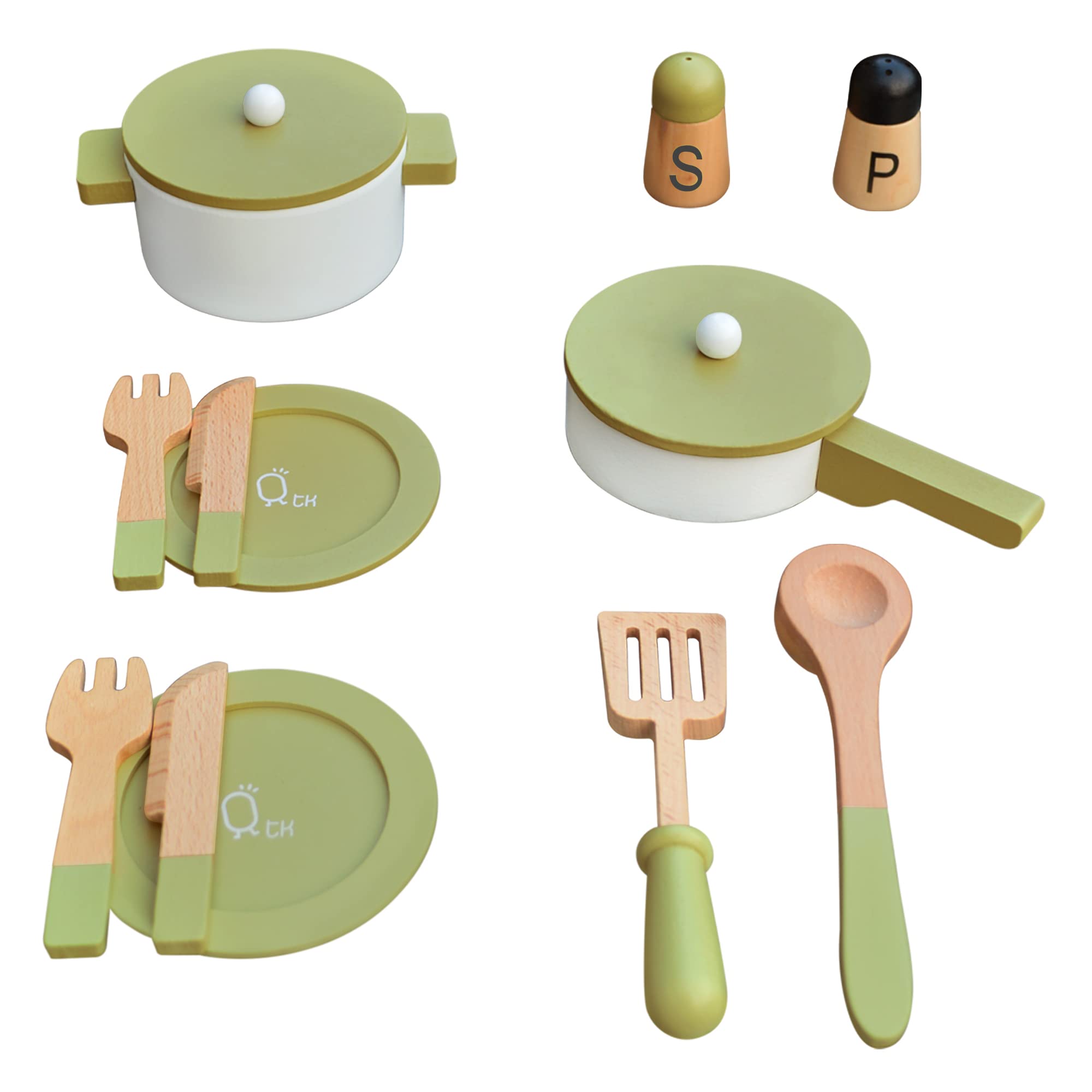 Teamson Kids Wooden Cookware Play Kitchen Accessories Toy Set 14 Pcs Green TK-W00009