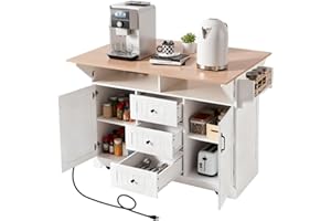 Ceecysaa Kitchen Island with Drop Leaf, Rolling Kitchen Cart on 5 Wheels with Power Outlet, Folding Island Table with Spice &