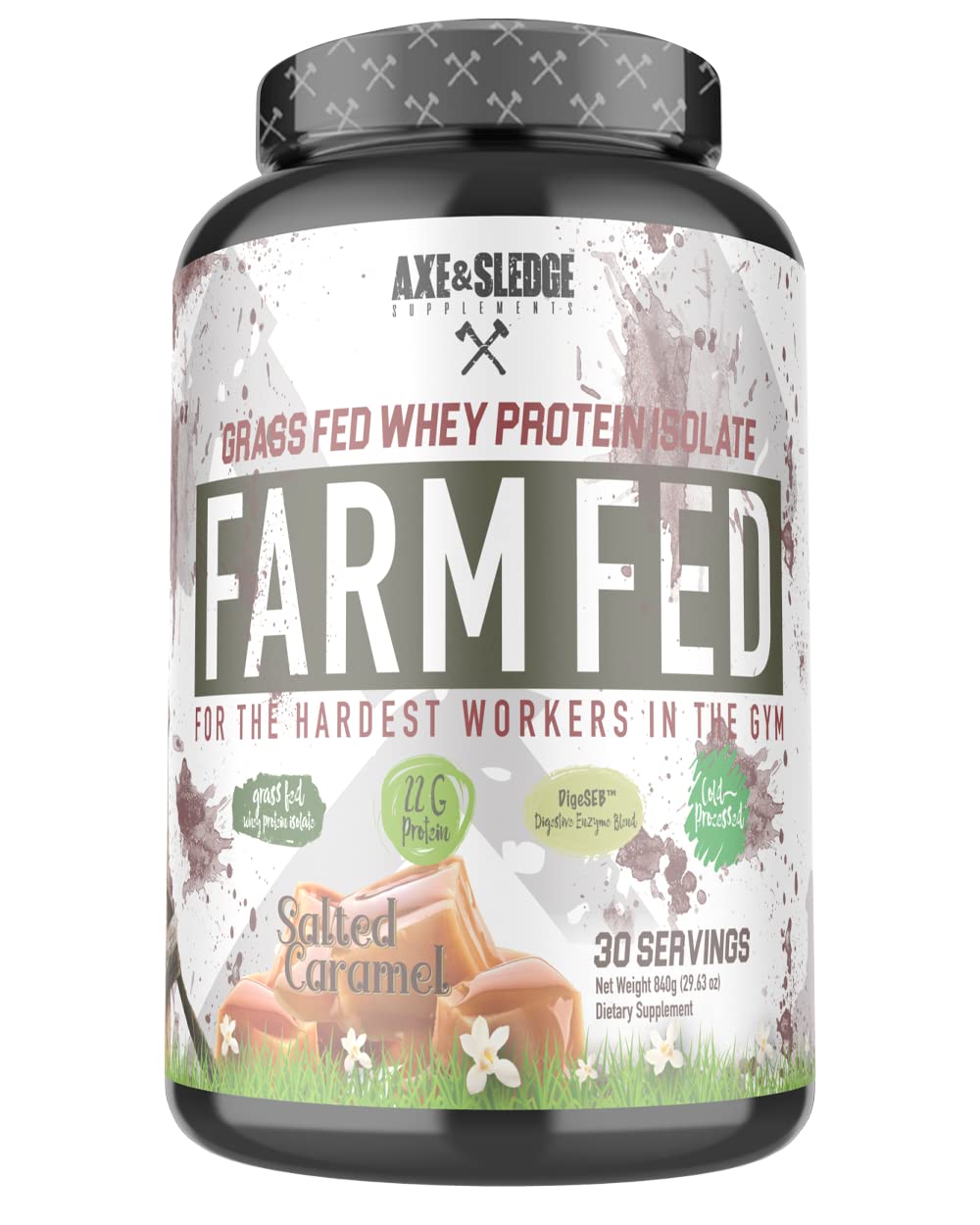 Axe & Sledge Supplements Grass-Fed Whey Protein Isolate, Digestive Enzymes, 22 Grams Protein, 30 Servings, Salted Caramel
