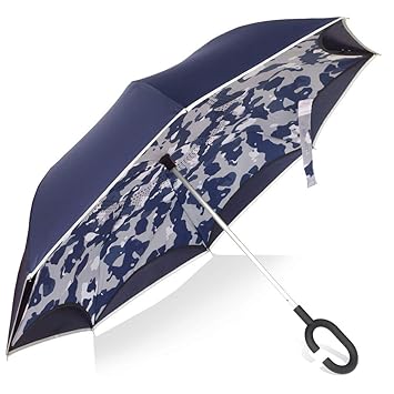 U Dream Navy Blue and Camo Double Layer Upside Down Umbrella Windproof,Reversible Manually Inverted Umbrella C-Handle, with Reflection Strip.