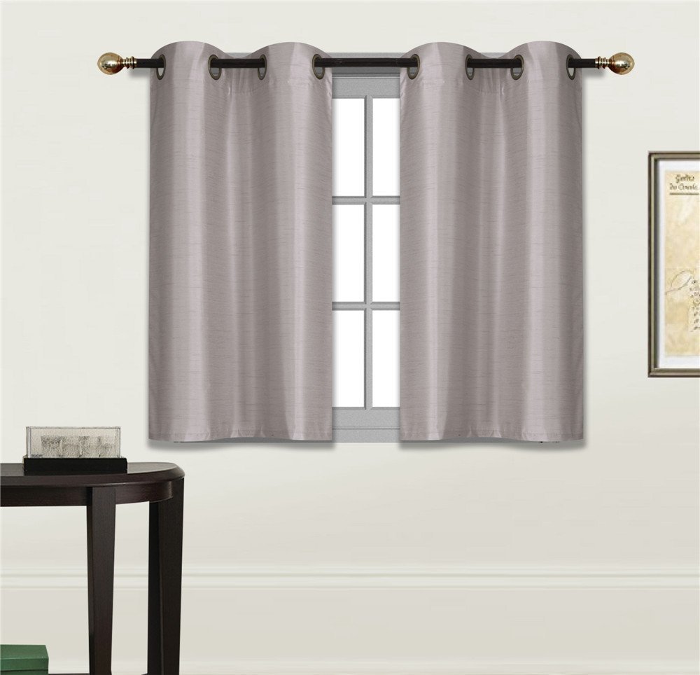 Elegant Home 2 Panels Tiers Grommets Small Window Treatment Curtain Faux Silk Insulated Blackout Drape Short Panel 28" W X 36" L Each for Kitchen Bathroom or Any Small Window # D24 (Silver)