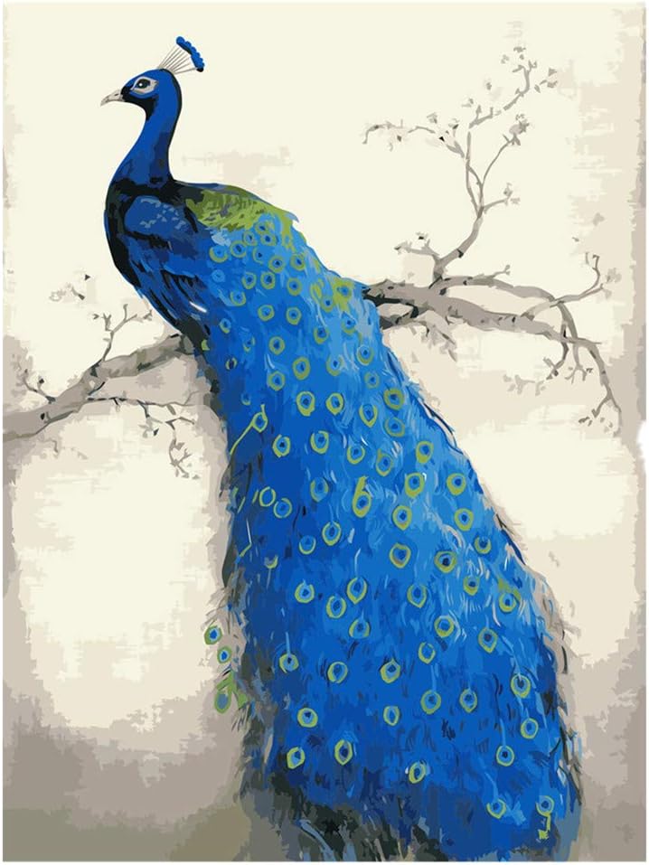 YEESAM ART Paint by Numbers for Adults Blue Peacock Animal 16x20 inch DIY Painting Kits for Home Wall Decor (Peacock, Framed)