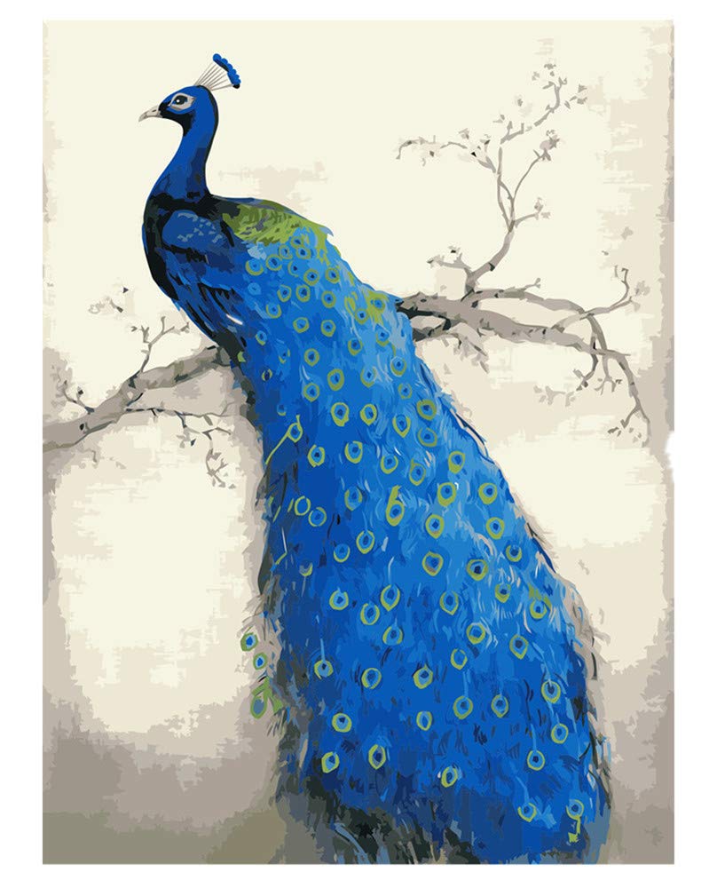 YEESAM ART Paint by Numbers for Adults, Blue Peacock Animal 16x20 inch DIY Painting Kits for Home Wall Decor (Peacock, Framed)