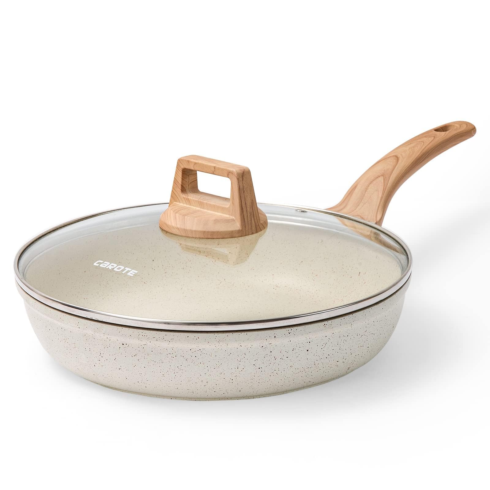 Photo 1 of CAROTE 12 Inch Non Stick Frying Pan with Lid,White Granite Nonstick Skillet Omelet Pans, Egg Pan Granite Cookware, PFOS & PFOA Free