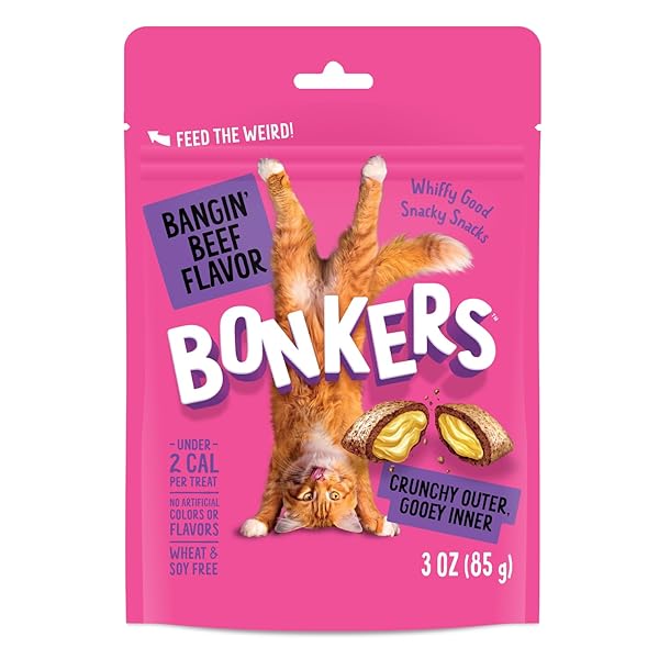 BONKERS CAT BITES, CRUNCHY & SOFT BANGIN’ BEEF FLAVOR TREATS, LOW CALORIE, TRAINING OR FOOD TOPPER, 3 OZ