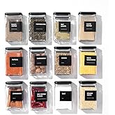 APT 1101 Glass Square Spice Jars with Labels, 4oz Glass Jars with Bamboo Lids, Spice Bottles, Seasoning Organizer, 12 Pack (Black)