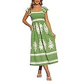 Allegra K Women's Square Neck Flutter Sleeve Smocked Dress Flowy Maxi Boho Sundress