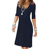 Womens Summer Casual Half Sleeve Empire Waist Loose Swing Pleated Modest Work Tunic T Shirt Dresses
