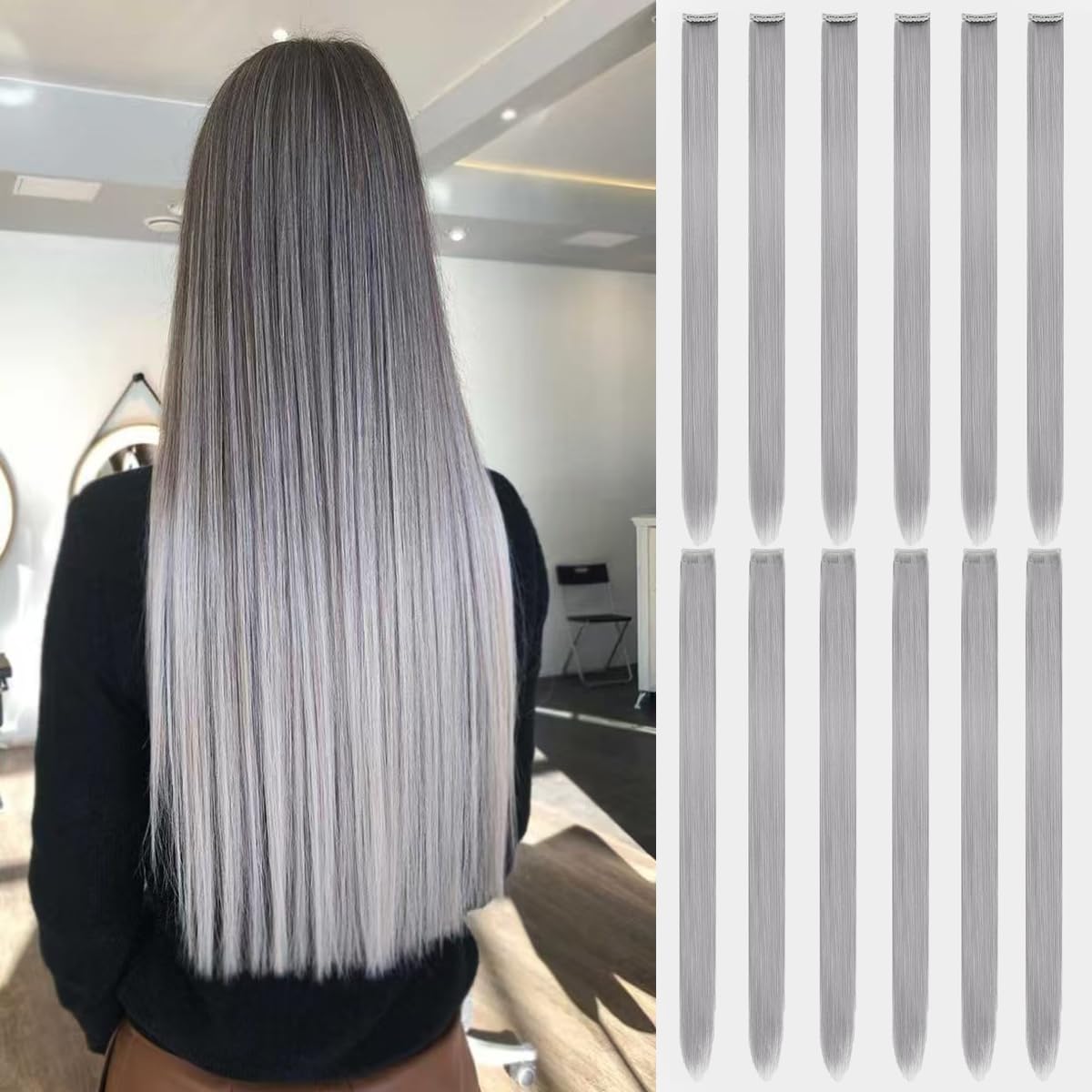 Photo 1 of 12 Pcs Colored Clip In Hair Extensions Sliver Gray hair 20 Inches Straight Hair Clip In Synthetic Hair Extensions For Women Girls Kids Gift Synthetic Hairpieces Can Be Hot Water Curl (12Pcs Gray)