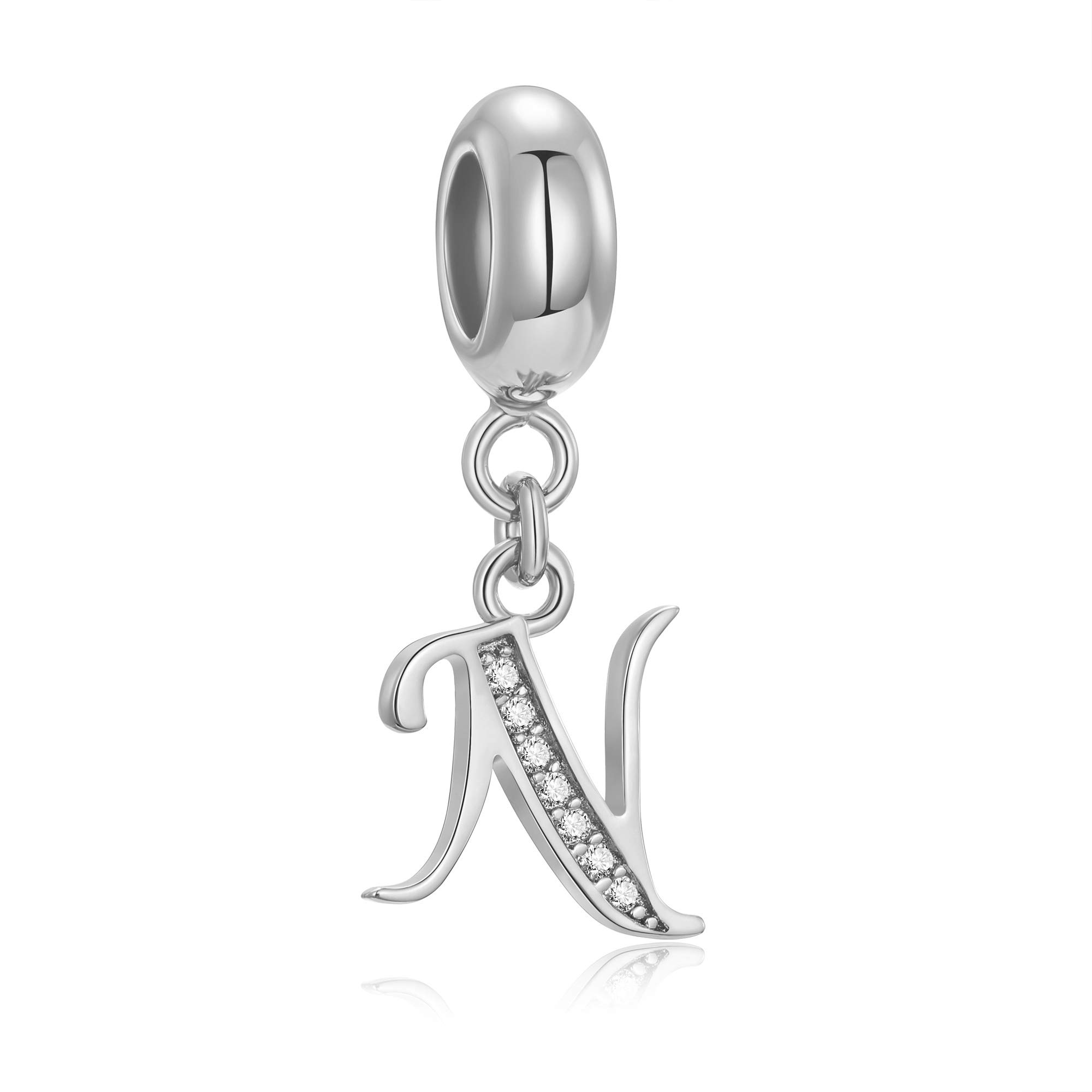 Genuine 925 Sterling Silver Letter Beads Initial A-z Dangle Alphabet Crystal Charm Fits European Bracelet Necklace (Letter N)
