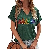 Earlymemb Womens Christmas V Neck Shirt Funny Xmas Holiday Graphic Short Sleeve Tee Family Holiday T-Shirt Blouse