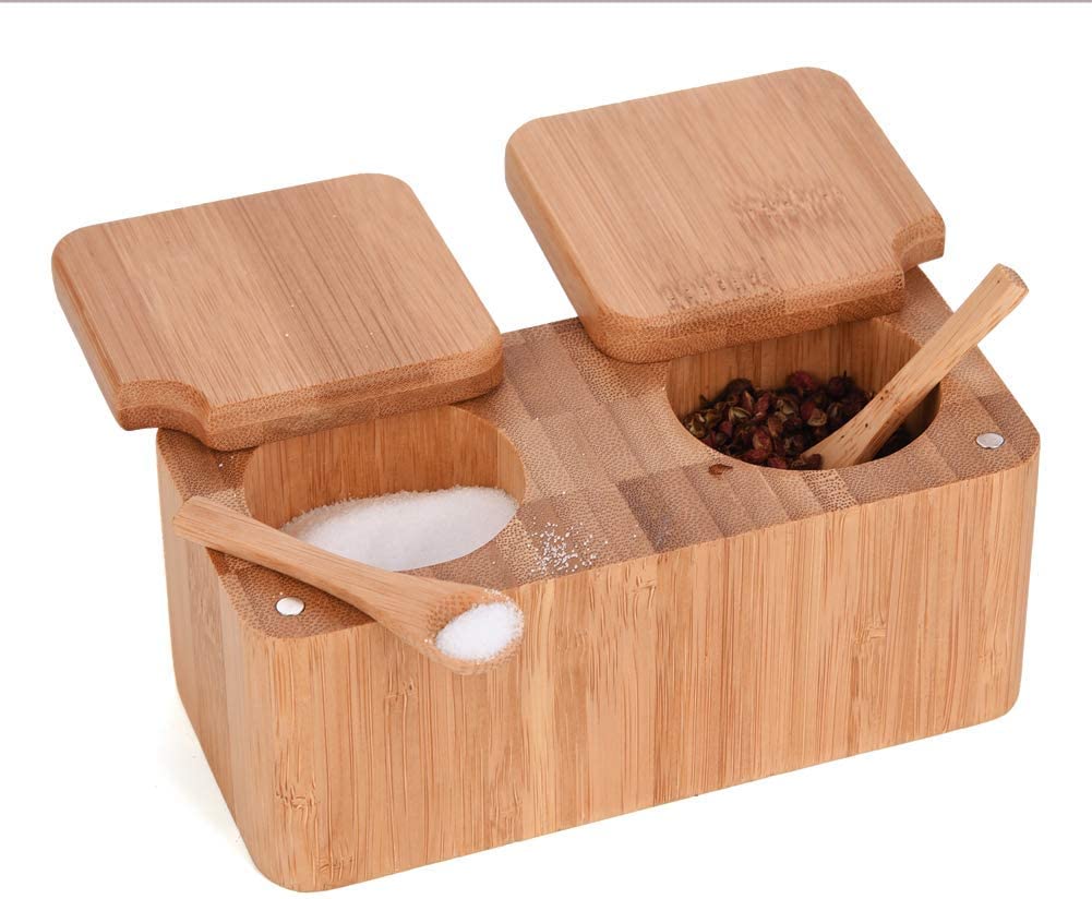 wandeli Bamboo Swivel Salt Pepper Spice Box Cellars Pinch Pot with Magnetic Lid-2 Pot for Herbs and Spices + 2pcs Mini Salt Spoon